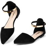 Zelaprox Women's Black Pointed Toe Flats Gold Ankle Strap Ballet Flats Comfortable Slip On Flats Light Weight Suede Dress Shoes