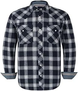 Men's Western Flannel Casual Shirt Two Pocket Long Sleeve Snap Shirt, Nvywht, Large