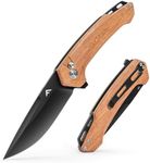 FLISSA Pocket Folding Knife, 3.2” D2 Blade Wood Handle EDC Knife with Button Lock and Pocket Clip for Hunting, Camping, Survival, Outdoor Activities