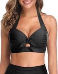 Tempt Me Women Solid Black Bikini Top Push Up Swim Top Halter Retro Bathing Suit Top Tie Knot Padded Swimsuit Top Only L