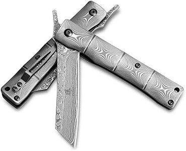 KATSU Handmade Full Damascus Steel Bamboo Style Japanese Razor Pocket Folding Knife with Pocket Clip