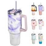 THILY 40 oz Insulated Tumbler with Handle - Stainless Steel Coffee Travel Mug with Lid and Straws, Cupholder Friendly, Dishwasher Safe, for Cold Drinking, Tea, Iced Water, Violet Leaves