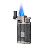 3 Jet Flame Cigar Lighter with Cigar Stand Windproof Lighter Butane Refillable Torch Lighter with Cigar Punch Black (Without Gas)