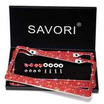 SAVORI License Plate Frame Handcrafted Premium Bling Crystal Waterproof Stainless Steel License Plate Frame 2 Pack Matching 4 Anti- Theft Screws Caps（Red）