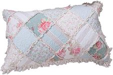 DaDa Bedding Blooming Floral Patchwork Pillow Sham - Hint of Mint Cotton Country Cottage Chic - Dainty Ruffles Pastel Light Blue/Green - King Size 20" x 36" 1-Piece