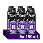 Sure Men Active Dry Deodorant Body Spray Antiperspirant with MotionSense technology for 48 hour protection against sweat and odour 150 ml, Pack of 6