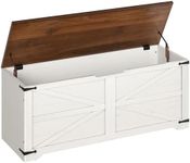 DWVO Storage Bench, 47.2" Farmhouse Storage Chest with 2 Safety Hinges, Wooden Storage Organizer, Shoe Bench for Entryway, Bedroom, Living Room, White and Walnut