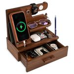 TESLYAR Wood Phone Docking Station with Drawer - Desk Accessories & Workspace Organizer - Nightstand Organizer - Birthday Gifts for Men or Dad - Idea for Anniversary - Key Holder Stand Watch (Brown)