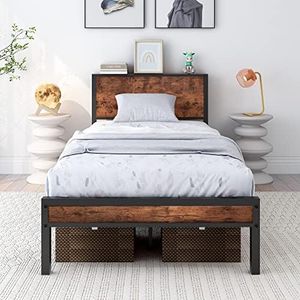 DUMEE Twin Bed Frame with Wood Headboard and Footboard Metal Bed Frame Twin Size with Shelf Storage Headboard, No Box Spring Needed, Steel Slats Mattress Foundation, Textured Black and Brown Oak