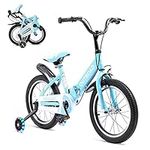 PanAme 14 Inch Folding Kids Bike for 3-5 yrs Old Boys and Girls, Freestyle Kids Bicycle with Dual Brakes & Flash Training Wheels, Toddler Bicycle for Beginners, Boy Bike in Blue