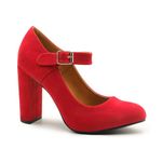 Womens Block High Heels Ankle Strap Court Shoes Ladies Mary Jane Comfort Work Pumps Formal Smart Office Heeled Party Occasion Strappy Slip On Heel Sandals Red Faux Suede 7 UK