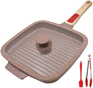 RANXINGST Grill Asador con Rayas con Tapa, Revestimiento Cerámico Antiadherente, 26 cm Sartén Parrilla de Aluminio Fundido con Mango Extraíble - Marrón