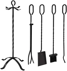 Sunnydaze 4-Piece Fireplace Tool Set with Stand - Heavy-Duty Black Steel Poker, Shovel, Log Grabber and Broom