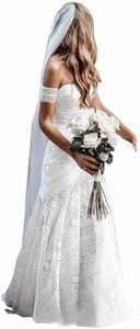 LIPOSA Women's Bohemian Lace Wedding Dresses Sweetheart Cuff Sleeves Mermaid Lace Western Bridal Gowns for Brides (Ivory Lining-Zipper Up,US16)