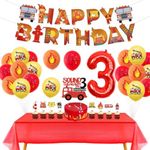 Fire Truck 3rd Birthday Decorations, Firemen Firefighter Party Supplies with Sound the Alarm I’m 3 Cake Topper, Happy Birthday Banner, Flame Balloons, Tablecloth, Fire Engine Decor Boy