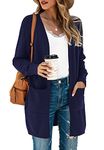 TASAMO Women's Long Sleeve Pocket Knit Ribbed Neckline Cardigans(Large,Navy Blue)