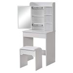 TUKAILAi White Vanity Dressing Table Set Corner Makeup Desk with 1 Big Drawer, 1 Slide Mirror, 6 Shelves and Stool Bedroom Furniture Bedroom Dressnig Table