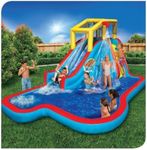 Banzai Inflatable Water Slide - Huge Kids Pool (14 Feet Long by 8 Feet High) with Built in Sprinkler Wave and Basketball Hoop - Heavy Duty Outdoor Aqua Blast Lagoon - Blower Included