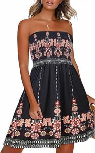 CHICGAL Womens Summer Dresses Strapless Boho Floral Print Sundress Beach Cover Ups(Boho Red Floral Print,S)
