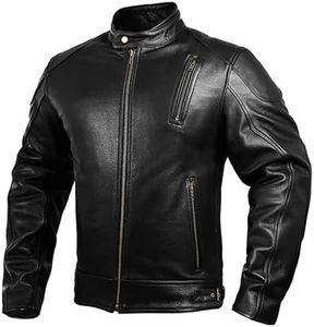 HWK Leather Motorcycle Jacket with Armor for Men, Cafe Racer Genuine Weather Resistant Enduro Motocross, Motorbike Riding, Easy Adjust Men's Jacket, Large