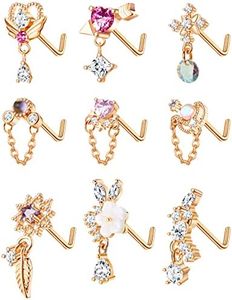 Kakonia 9 Piezas 20G Colgante Nariz Anillos Studs para las mujeres de acero inoxidable en forma de L Nariz Studs Corazón Flecha Pluma Copo de Nieve Ala CZ colgando Nariz Piercing Joyería