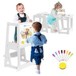 4 in 1 Kitchen Toddler Step Stool, Wood Toddler Tower Helper with Whiteboard and Safety Rail, Anti-Slip Protection, Kids Learning Standing Tower for 1.5 to 5 Years Old, Kitchen Counter Bathroom Sink