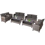 Tangkula 8 PCS Patio Wicker Conversation Furniture Set, Outdoor Rattan Sofa Set with Padded Cushion & Tempered Glass Coffee Table, Wicker Sectional Sofas & Table for Courtyard Balcony Garden (2, Grey)