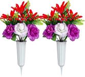 XONOR Artificial Cemetery Flowers for Grave, Set of 2 Artificial Memorial Flowers with Vase for Outdoor Cemetery Headstones Graveyard Gravestone Decoration (Red Lily&White Purple Peony)