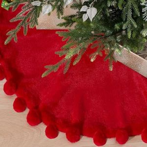 ORTIGIA Red Christmas Tree Skirt 48 Inch with POM POM, Red Faux Fur Soft Plush Christmas Xmas Tree Skirt for Christmas Tree Winter Home Holiday Party Ornaments Indoor Decor Decoration