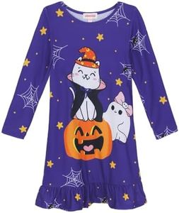 JESKIDS Girls Nightgowns Long Sleeve Halloween Pajamas Dress Cat Ghost Pumpkin, 6-7 Years