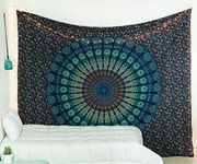 Hippie Mandala Bohemian Psychedelic Intricate Floral Design Indian Bedspread Magical Thinking Tapestry 84x90 Inches,(215x230cms) Blue Turquish