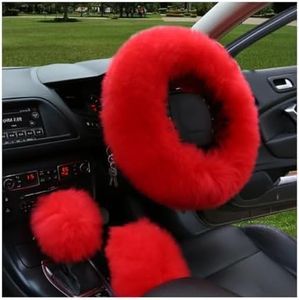 Ohleats 3PCS Pure Wool Steering Wheel Cover, 15 Inches Furry Steering Wheel Protector with Handbrake & Gear Shift Cover, Universal Soft Fluffy Steering Wheel Car Accessories (Red)