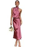 GHAKKE 2023 Women Mock Neck Satin Evening Gown Elastic High Waist Wedding Guest Cocktail Elegant Formal Maxi Bridesmaid Dress (Color : Rose, Size : S)