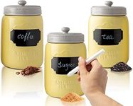 Mason Jar Ceramic Canister Set for Kitchen - Set of 3 Decorative Storage Containers with Air-Tight Lids for Coffee, Sugar & More - Country Style Storage w/Reusable Writable Surface - 12.85oz/Canister