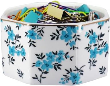LEAZUL Ceramic Paper Clip Holder With Shiny Gold Line Marble Floral Paper Clip Dispenser for Desk Cute Flowers Paper Clip Organizer Office Binder Clip Holder Gift for Office (Teal Blue)