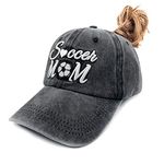 Waldeal Soccer Mom Ponytail Hat for Women, Adjustable Embroidered Washed High Messy Bun Ponycap for Mama, Soccer Mom 3d Black, One Size