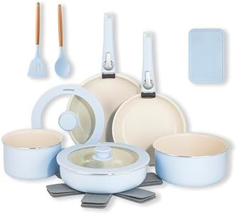 Gotham Steel 18 Pc Removeable Handle Pots and Pans Set Non Stick, Kitchen Cookware Sets, Ceramic Cookware Set, Non Toxic Cookware Set, Non Stick Pots and Pan Set, Dishwasher Safe - Blue