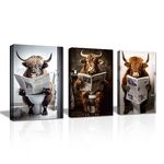 LZIMU Bathroom Wall Art 3 Piece Highland Cow Sitting on Toilet Reading Newspaper Canvas Prints Funny Animals Bathroom Pictures Wall Decor Framed (Bathroom-1, 11"x14"x3PCS (28.00 x 35.00cms x 3PCS))