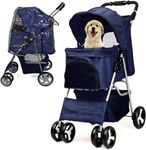 JupiterJX Dog Stroller with Rain Cover, Pet Pram for Small Medium Dogs, Dog Buggy with Storage Basket Cup Holder, Cats Dogs Pushchair, Foldable Pet Pram for Cats Puppies Dogs (Navy with Rain Cover)