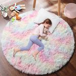 PAGISOFE Round Area Rug,5'X5',Fluffy Rugs for Bedroom,Cute Rugs for Girls Room,Fuzzy Rugs for Nursery Playroom,Circle Rugs for Kids Room,Shag Carpet Rugs for Reading Nook,Furry Rugs for Baby,Rainbow