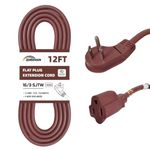 HONDERSON 12FT Extension Cord, Flat Plug 3 Prong Short Extension Cords, Brown 16 Gauge Heavy Duty Cable for Kitchen Home Appliance, UL Listed