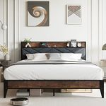 Homhougo Queen Size Bed Frame with Charging Station and Storage Shelf, Metal Platform Bed Queen Size with Button Tufted Upholstered Headboard, Metal Slats Support, No Box Spring Needed, Gray