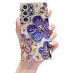 Elzzi Compatible with Samsung S24 Ultra Case Laser Flower Oil Painting Cute Colorful Blue Ray Bumper with Full Camera Protection Shockproof PC+TPU Glossy Shiny Cover for Girls Women,Purple