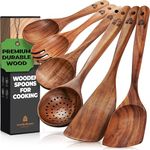 Wooden Spoons for Cooking – Wooden Kitchen Utensils Set, 6 Pcs Teak Wood Utensil Set – Comfortable Grip Non–Stick Wooden Cooking Utensils – Nonstick Natural and Healthy Kitchen Cookware