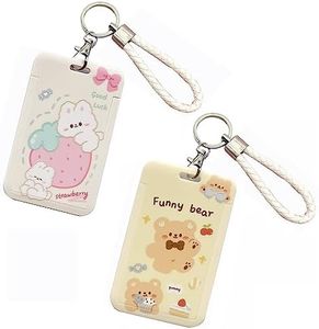 FGISAR 2 Pcs Kpop Photocard Holder Keychain Cartoon Animal PC Holder Kpop ID Badge Holder with Keychain Student Bus Card Pendant Keychain Hard Shell Protective Photo Sleeves (White and Yellow), ZT64