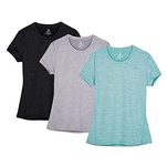 icyzone Women's Workout Running T-Shirt Activewear Yoga Gym Short Sleeve Tops Sports Shirts, 3-Pack (M, Black/Granite/Green)