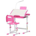 HOMCOM Kids Desk and Chair Set, Height Adjustable Study Desk with USB Lamp, Storage Drawer for Study, Pink and White