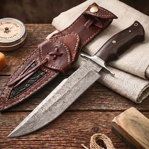 BIGCAT ROAR Raptor - Handmade Damascus Steel Fixed Blade Hunting Knife 13.2" - Walnut Wood Handle & Leather Sheath - Bushcraft Outdoor Camping Skinning & Survival Long Knife - Collector Gifts for Men
