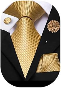 Hi-Tie Silk Men's Tie and Pocket Square Cufflinks Lapel Pin Set Jacquard Wedding Business Necktie for Formal, Gold, m