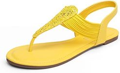 DREAM PAIRS Spparkly Womens Elastic Strappy String Thong Ankle Strap Summer Gladiator Sandal Yellow/Glitter - 7.5